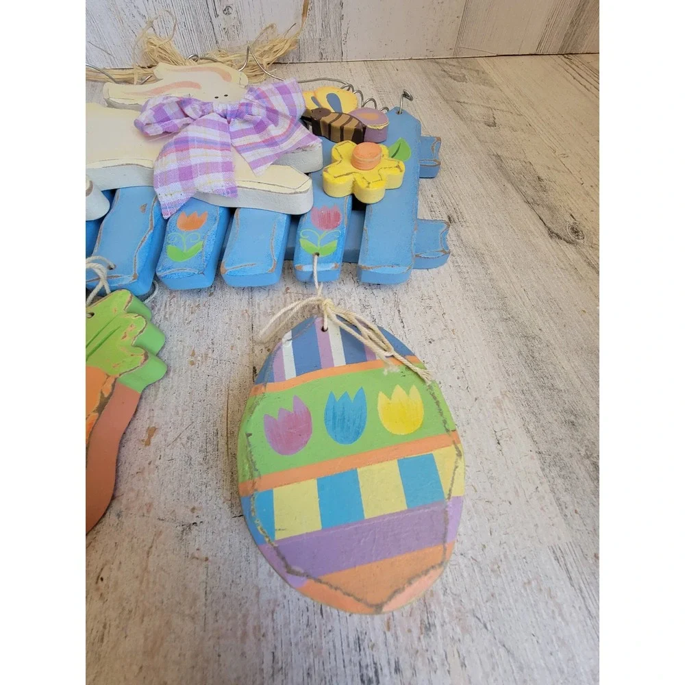Easter bunny hop spring wooden egg wall hanging home decor flower rabbit